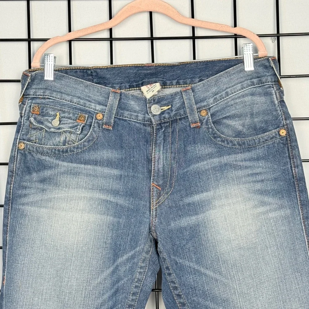 True Religion Ricky Straight Jeans Mens 34 Blue Embroidered Pocket USA Made RARE